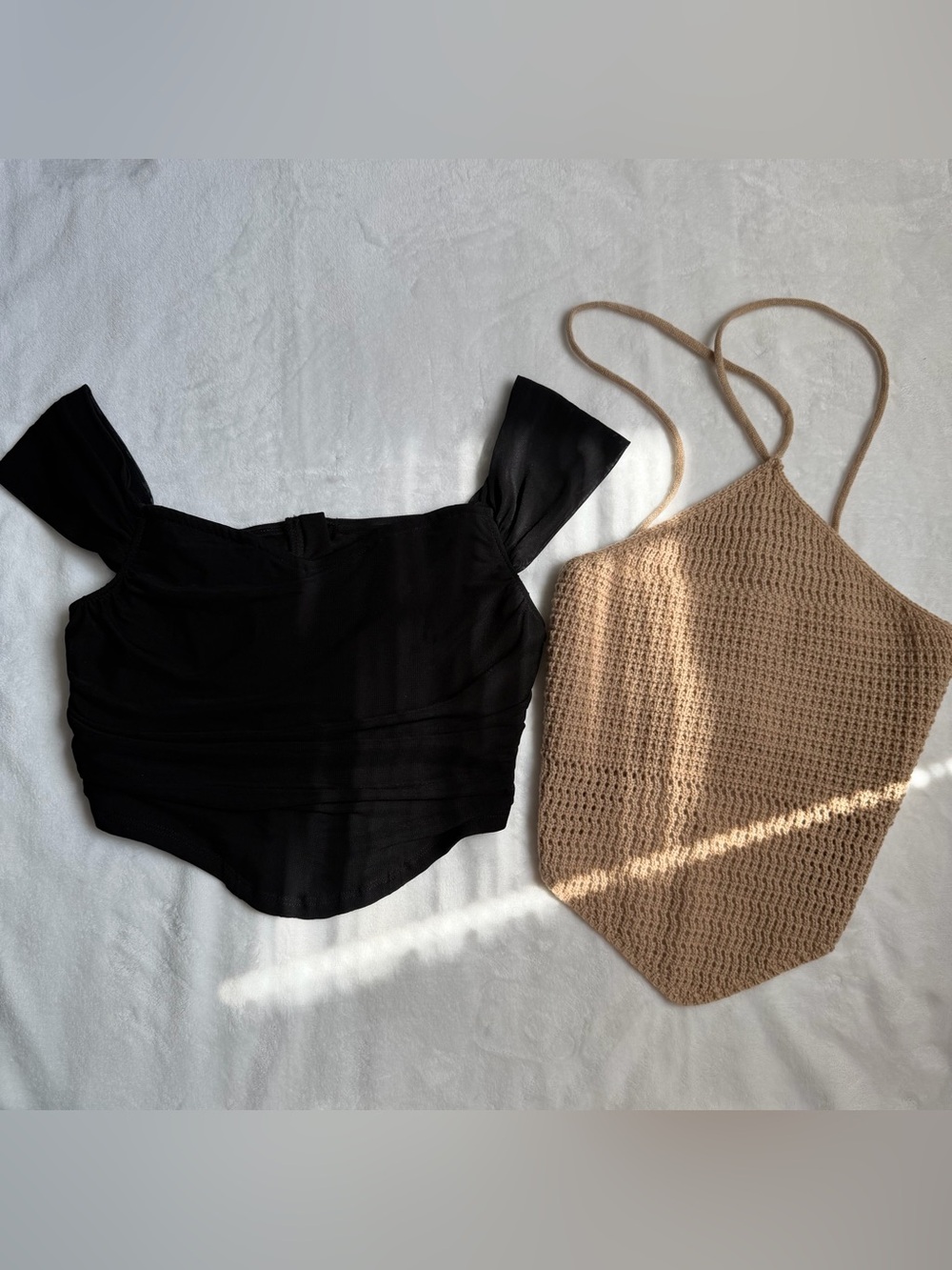 SHEIN Black Off-Shoulder Crop Top & Tan Crochet Halter Set